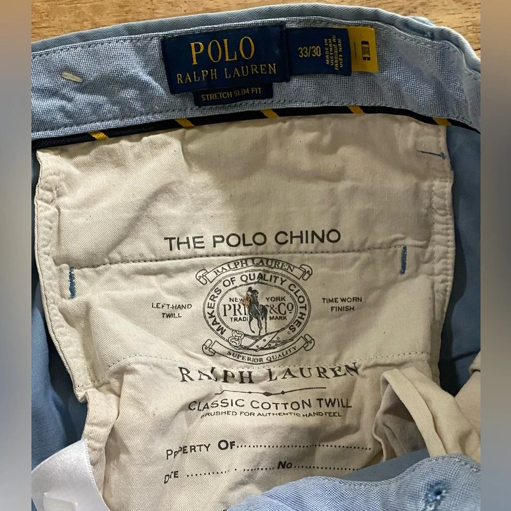 Polo by Ralph Lauren Men’s 33X30 Light Blue Stretch Slim Fit‎ Chinos